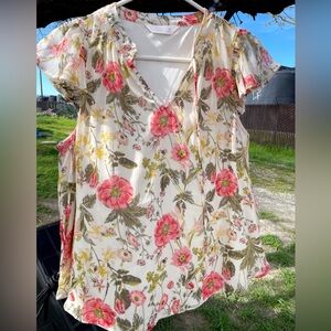 LC Lauren Conrad Pink and Green Floral Blouse